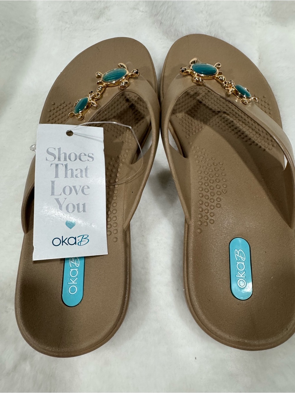 NWT- OKA b. Tan Flip Flop Sandals with Turquoise turtle Accents